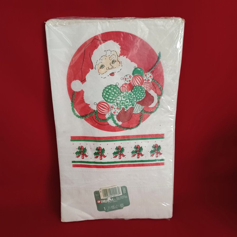 Christmas Santa PAPER Tablecloth Cover 54" x 88" NOS Vintage Beach Products